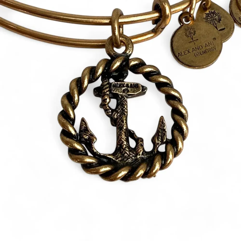 Alex and Ani Anchor and Rope Gold Tone Bangle Bracelet Nautical